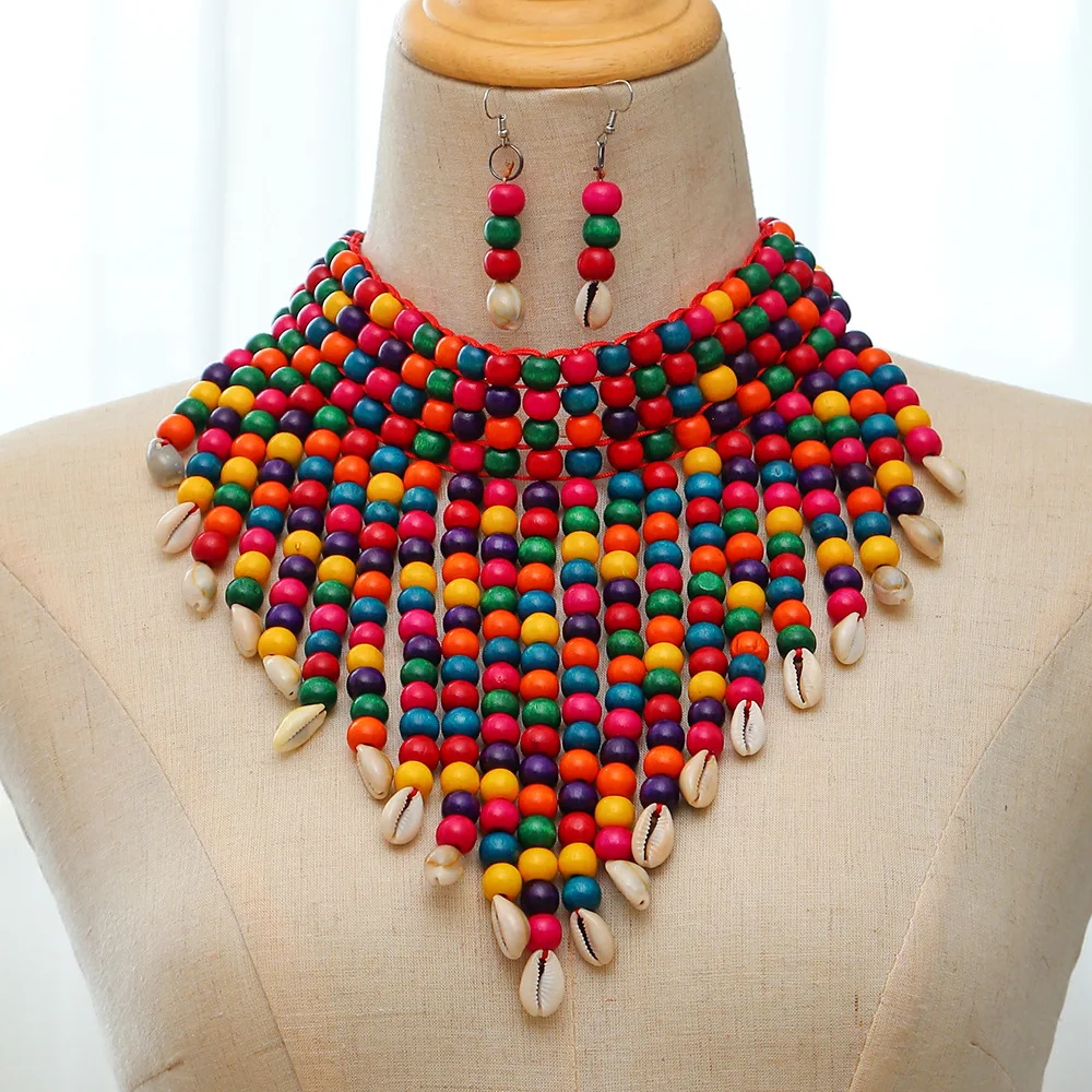 African statement chunky necklaces for women multi strand colorful bead layered necklace fashion jewelry costume earrings