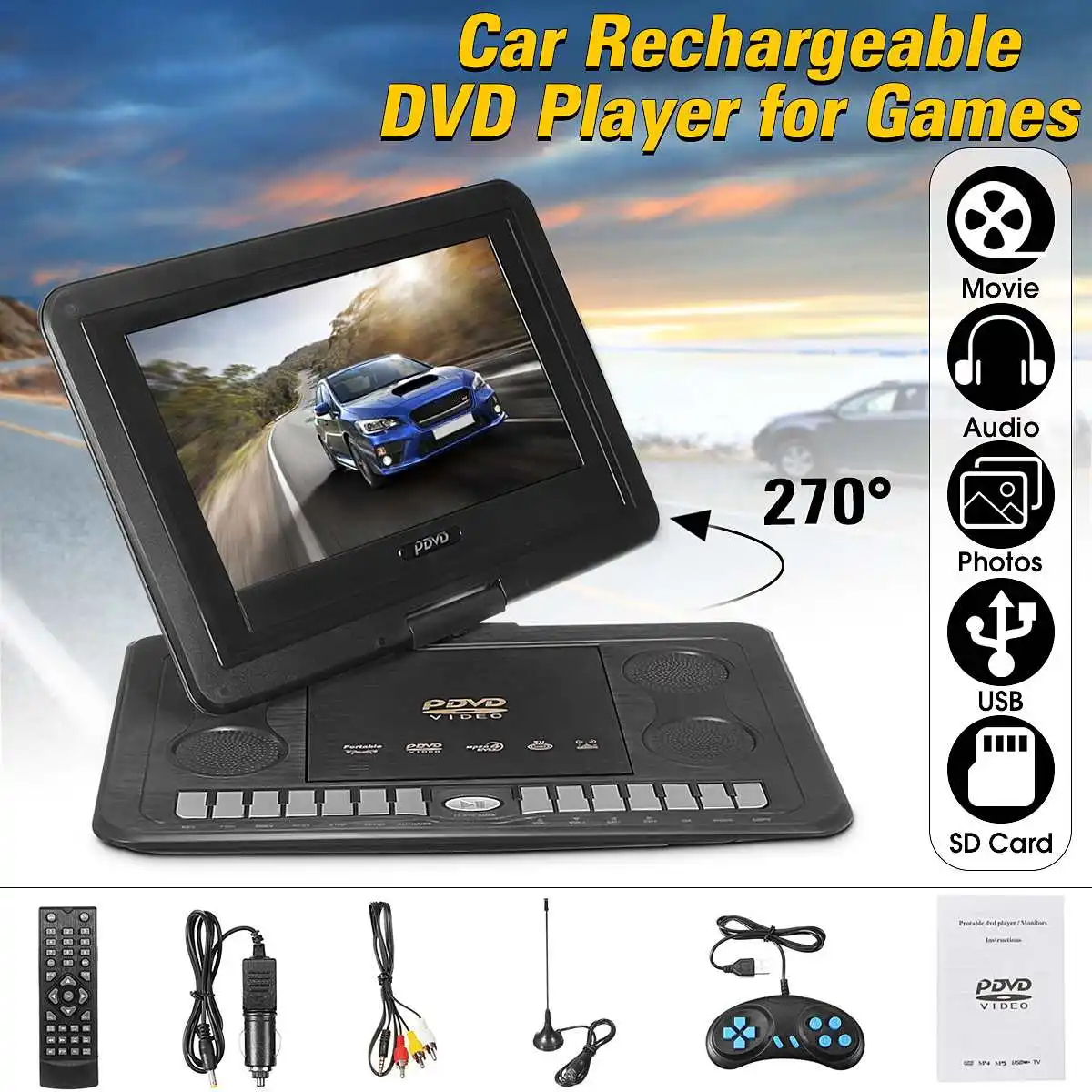 

270 Rotation 13.8 inch Portable HD TV Home Car DVD Player VCD CD MP3 MP4 Rechargeable Car DVD Player Multi Media Game Player
