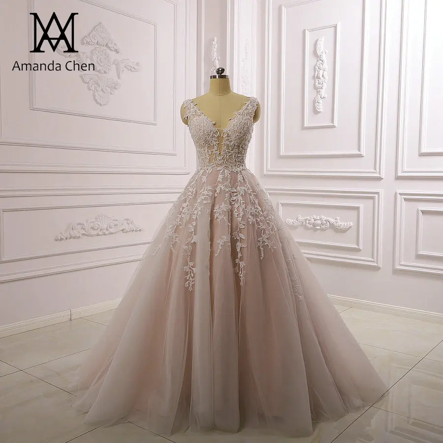 Шампанское Robe soiree с коротким рукавом v-образным вырезом и кружевной аппликацией Простое Элегантное свадебное платье - Цвет: Шампанское