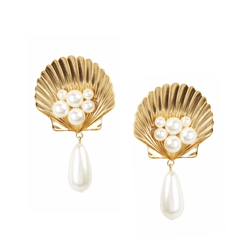 Pearl inlaid golden shell light luxury Earrings super-fairy temperament ear clip