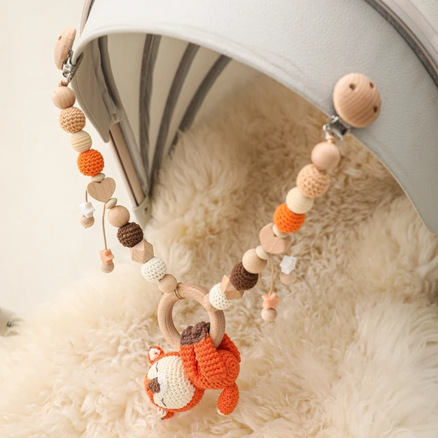Baby Bed Hanging Rattle Toy Wooden Fox Bird Elephant Shape  Teether Crochet Beads Pram Mobile Clip Pacifier Chain Chewable Toys 1