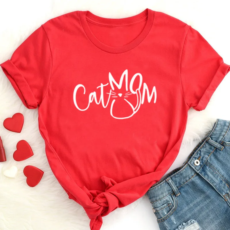 Кошка, мама мамочка, футболка для мамы, женская, хлопок, модная, забавная, графическая, кавайная, эстетическая, футболка с круглым вырезом, короткий рукав, на каждый день, футболки - Цвет: red-white