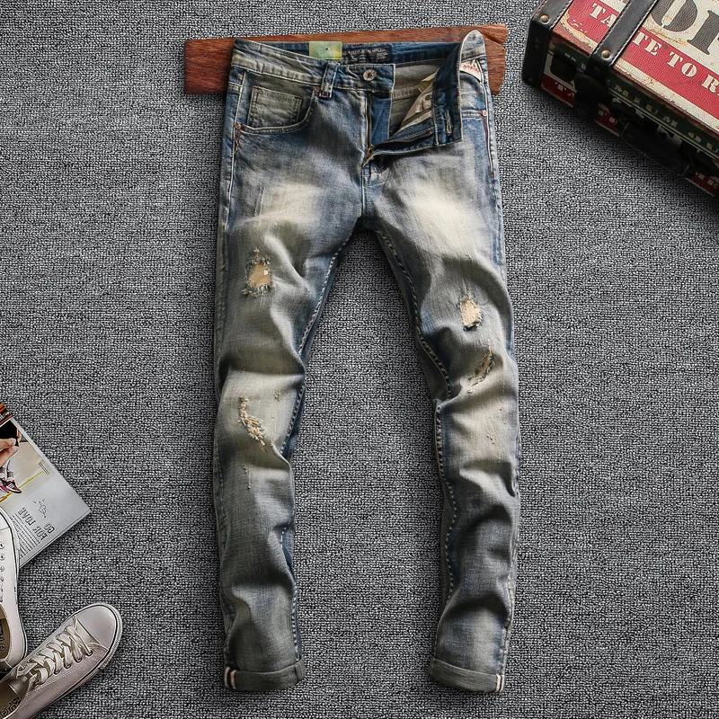 

Italian Style Fashion Men Jeans High Quality Retro Blue Elastic Slim Fit Ripped Denim Pants Patchwork Designer Long Trousers