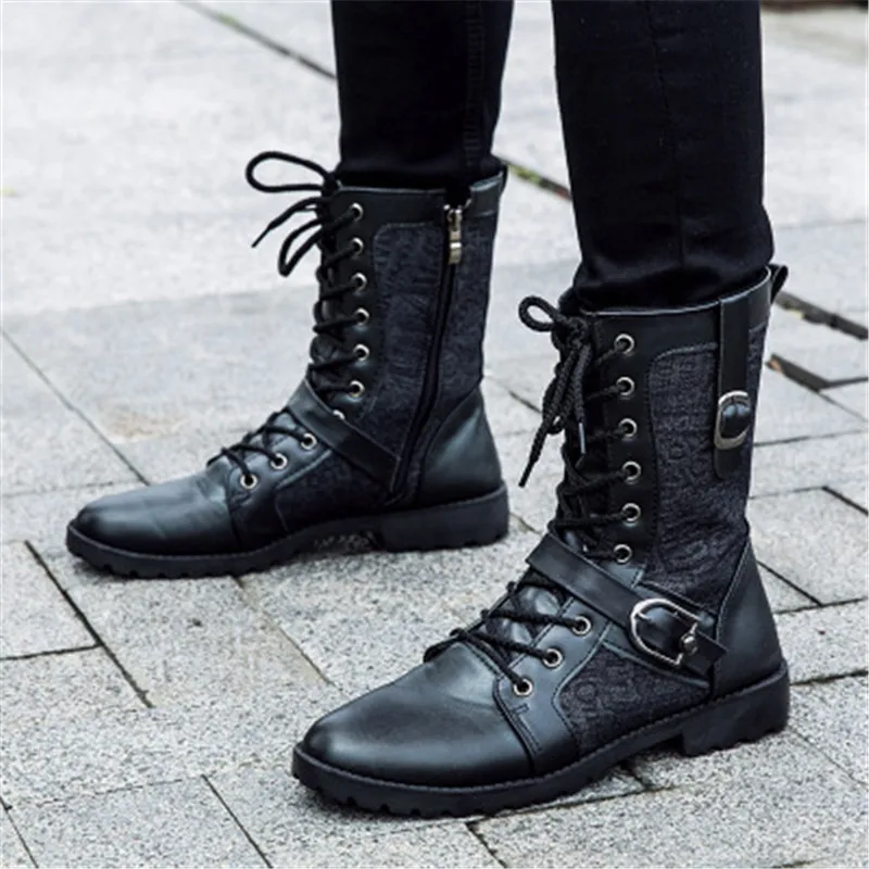 Новые мужские демисезонные мотоциклетные ботинки мужские ботинки до середины икры повседневные ботинки на шнуровке chaussure homme, большие размеры 39-44, черный цвет