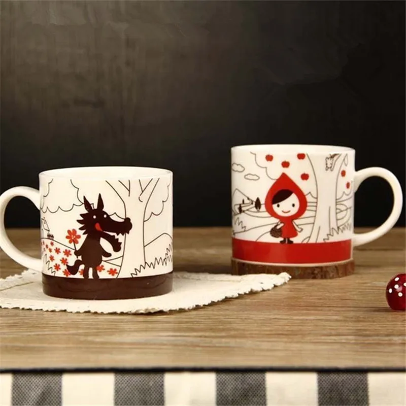 2 In 1 Couples Coffee Cups Cartoon Little Red Riding Hood Cute Lovers Gift Ceramic Moring Mug Cup Breakfast 2pcs Mugs Drinkware | Дом и сад
