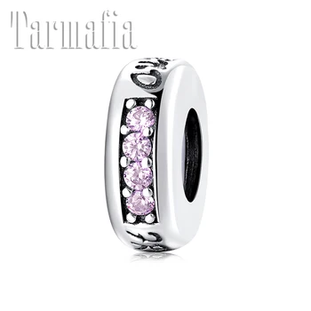 

925 Sterling Silver Pink Zircon Letter spacer stopper beads Fit Women Charm Bracelet friendship Jewelry making for Friend Gift