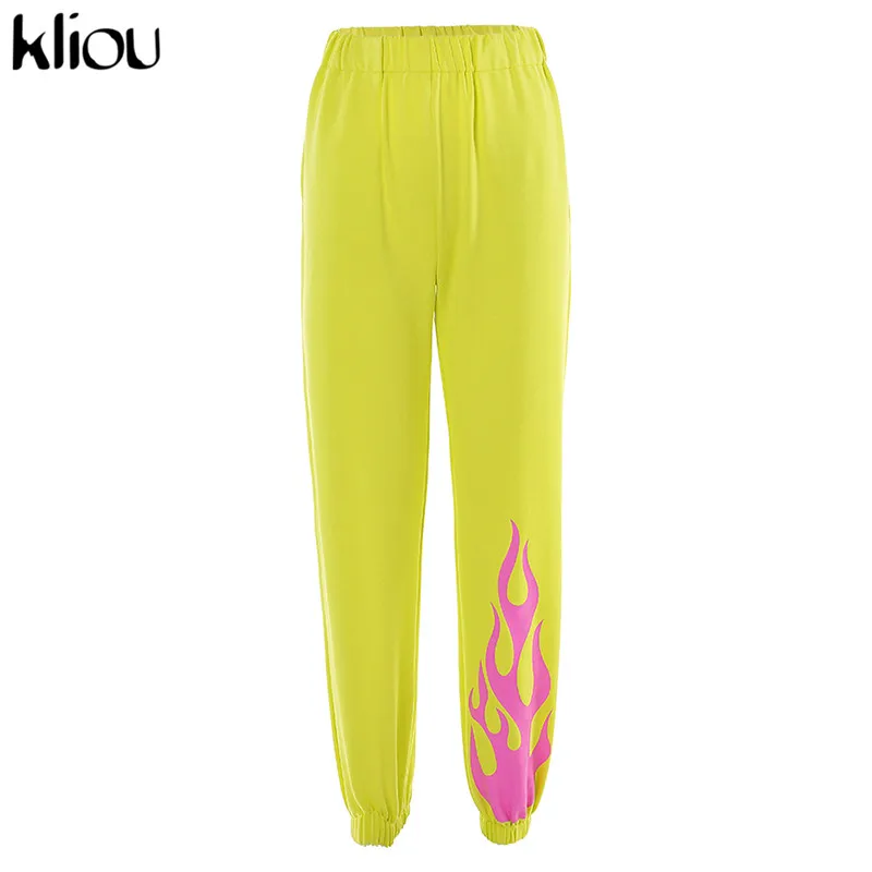 Kliou женские модные уличные брюки Осенние повседневные длинные брюки с карманами Брюки карго огненный принт эластичный низ с высокой талией - Цвет: Цвет: желтый
