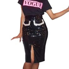 Зимняя женская одноцветная юбка с высокой талией из искусственной кожи, сексуальная открытая прямая юбка до колен, юбка для ночного клуба GL6230