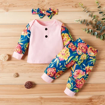 

Spring And Autumn Baby's Sets Three Piece T-Shirt Pants Hair Band Boys Girls Cute Round Neck Floral Print Long Sleeve Top Trouse