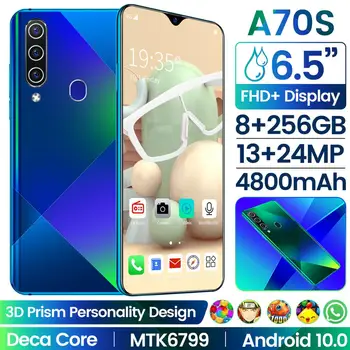 

A70S Smartphone Android 9.0 13MP Front Camera 8GB RAM 128GB ROM 4800mAh Dual SIM 6.5"Waterdrop Screen Mobile Phone Free Shipping