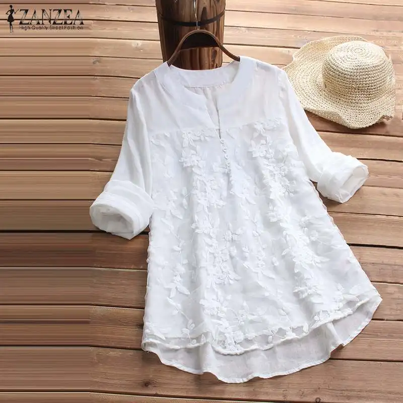 Модная женская летняя блузка ZANZEA размера плюс, туника, топ, элегантная рубашка с длинным рукавом, v-образный вырез, вышивка, блузы, Повседневная сорочка - Цвет: Белый