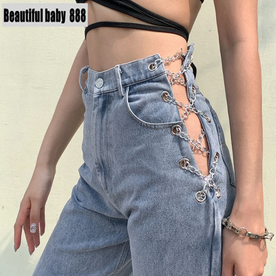 Meqeis-pantalones vaqueros harajuku de cintura alta para mujer, Vaqueros ajustados de diseño con cadena, ropa de calle de ocio, de viaje, alta calidad, 2020