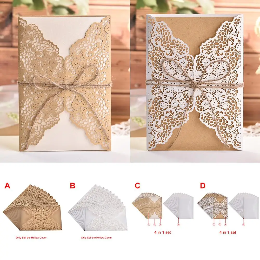 10pcs European Style Elegant Delicate Carved Lace Wedding Party Invitations Cards Congratulation Card Party Supplies Greeting Cards Wedding Invitations
