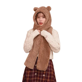

2/set Cute Animal Hooded Scarf Winter Faux Fur Scarf For Women Warm Thick Plush Women's Shawl Skull Mask Solid Cartoon Bear Cap