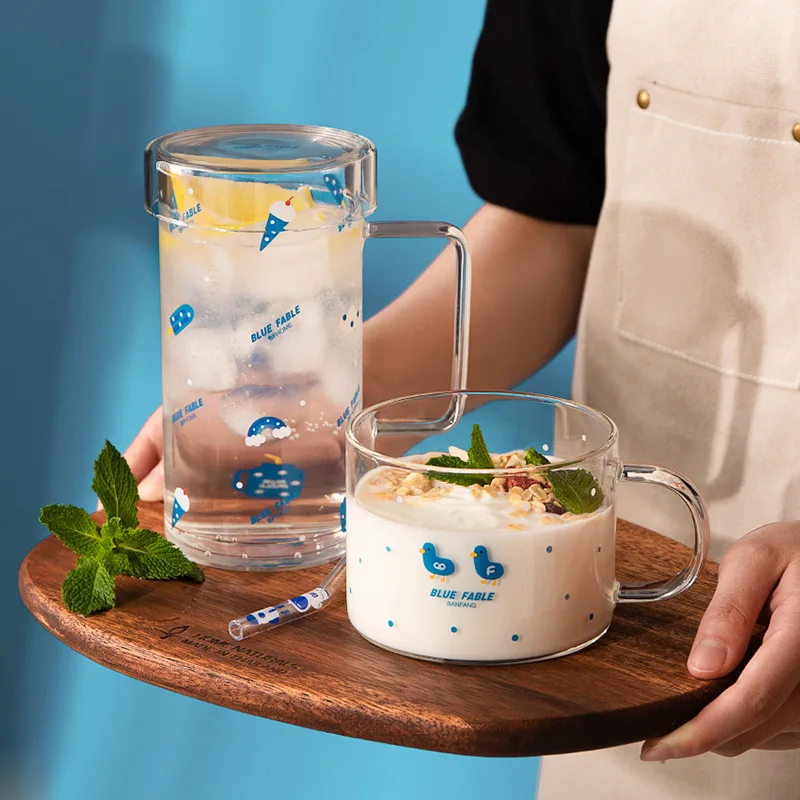 

Cute Printing Glass Cup, Transparent Milk Water Cup, Heat Resistant, Coffee, Tea Drinkware, Creative Glass Breakfast Cup