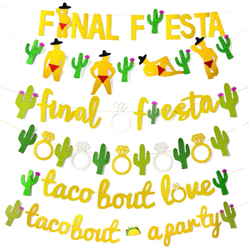 1 Set Novelty Gold Letter Green Cactus Taco Bar Paper Final Fiesta Banners Flag Garland For Bachelorette Party Decoration