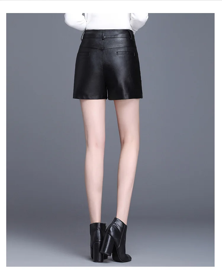 1pcs Women's Plus size shorts Autumn PU leathe Button Splicing Black super shorts Ladies Skinny Leatherwear super shorts