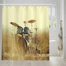 

Western Country Music Bathroom Shower Curtains, Musical Instruments Grunge Drum in Field, Waterproof with Hooks Shower Curtains