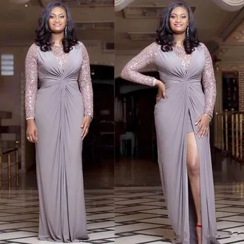 

Sequined Evening Dresses 2020 Plus Size Chiffon Front Split Mother Of The Bride Dresses Long Sleeves Mermaid Formal Prom Gowns