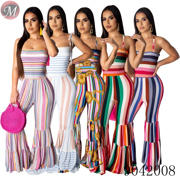 9042008 Sexy suspender smocking stitch flared women long jumpsuit