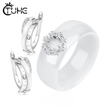 

Trendy Design Jewelry Set For Women Ceramic Material Rings Earrngs Rhinestone Circle Round Jewelry Set Wholesale Promotion