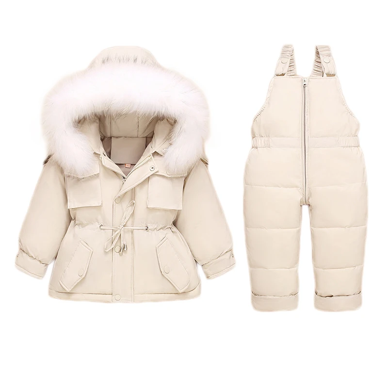 Бежевый Детский Зимний комбинезон, комплект из 2 предметов плотная пуховая куртка с капюшоном, верхняя одежда+ теплый комбинезон, лыжный костюм для маленьких мальчиков и девочек