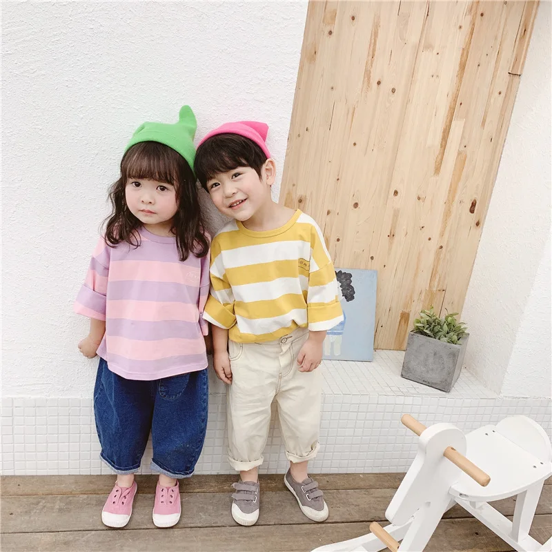 Fashion Spring Autumn Pure Cotton Boys Girls Clothes Baby Girls Boys T-Shirt Children Coat Long Sleeved Stripe T-Shirt