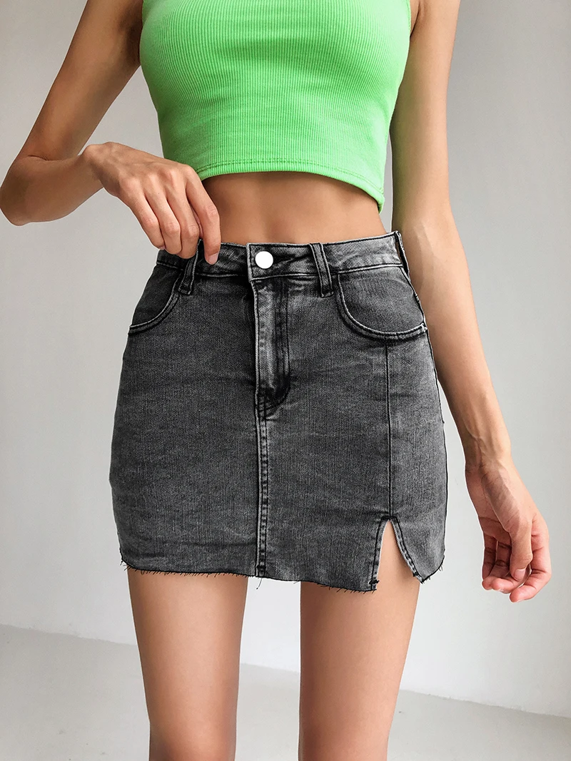 high waisted stretch denim skirt