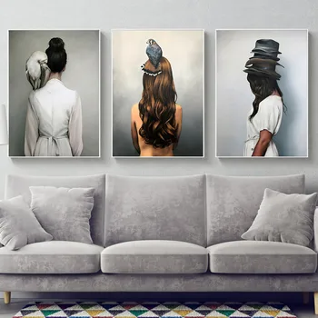 

Lovely Bird Lady Home Decor Nordic Canvas Painting Wall Art Animal Figure Picture Art Posters and Prints for Living Room Decor