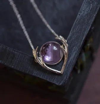 

Amethyst Crystal Necklace -Purple Dusk,Silver plated Antler Pendant,Gemstone Pendant,Deer Princess,Gift for Her,Gift for Women