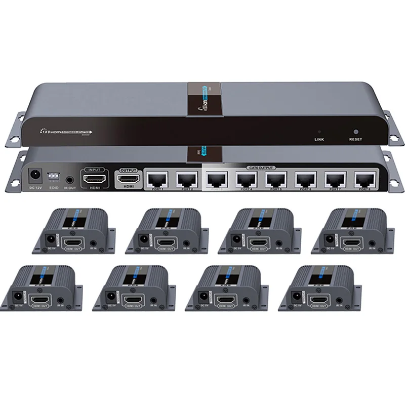 

LKV718pro HDMI 1X8 extender Splitter 8-way HDMI 1X8 splitter extender by cat5e/6 cable up to 40m(8 receivers included)