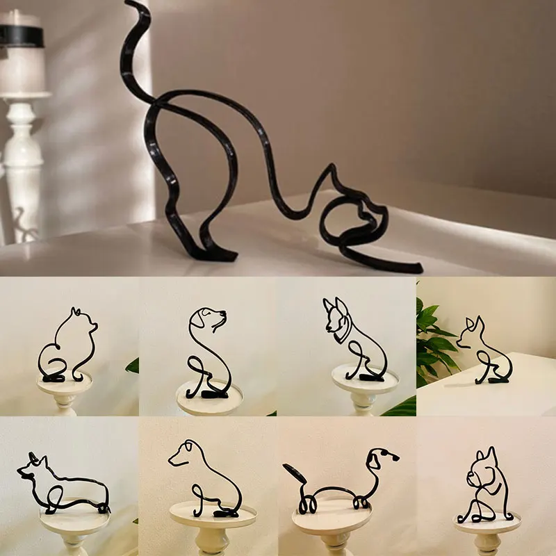 Dog Ornaments Minimalist Art Sculpture Decoration Personalized Gift Metal Decor Modern Home Office Accessories Cute Cats Animals