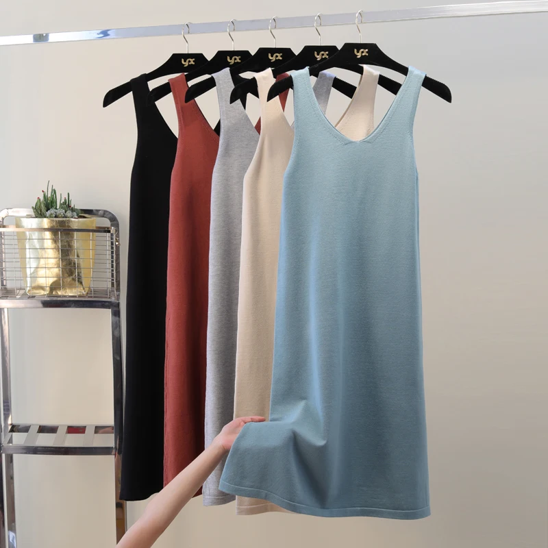 Gagarich Knitted Dress Sexy Bodycon Solid Sleeveless Stretch Dresses Autumn Winter V-Neck Tank Knee-Length Vestidos Verano