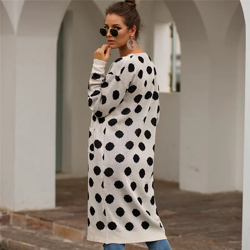Women Sweaters Jacket Winter Knitted Cashmere Long Cardigan Women Long Sleeve White Warm Cardigan Polka Dot Sweater Jacket