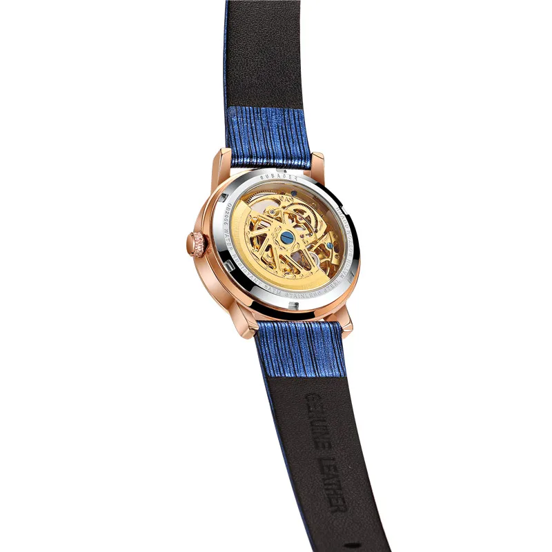 OUBAOER Синий Скелет автоматические механические часы Для женщин Мода браслет часы женские со стразами роскошные часы с ремешком из натуральной кожи