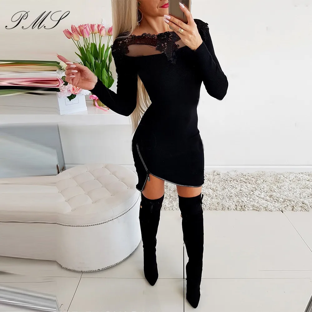 Lace word collar slim slimming hip dress Women Bodycon Dress Patchwork Hollow Out Design Solid Color Autumn Party Mini Dress D30 Lace word collar slim slimming hip dress Women Bodycon Dress Patchwork Hollow Out Design Solid Color Autumn Party Mini Dress D30