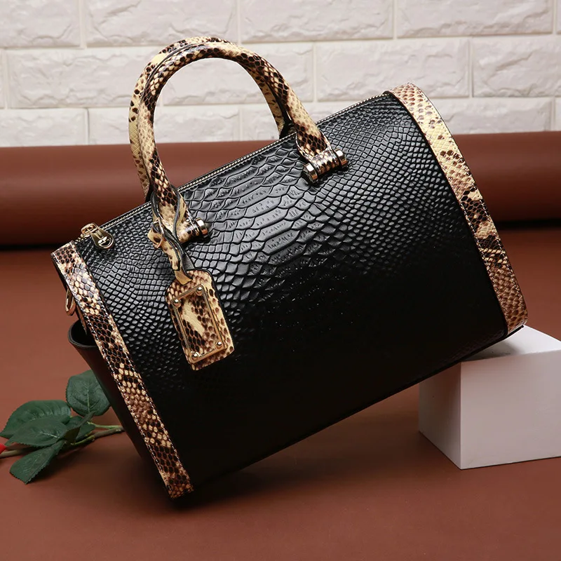 Zency змеиная женская сумка-тоут натуральная кожа Бостонская сумка модная женская сумка на плечо классическая черная сумка через плечо бежевая