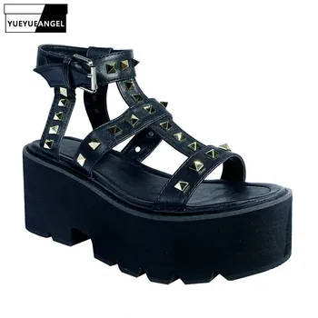 

Rivets Open Toe Sandals Women Platform 8 CM High Heel Summer Shoes Rome Style Ankle Strap Narrow Band Black Wedges Sandals