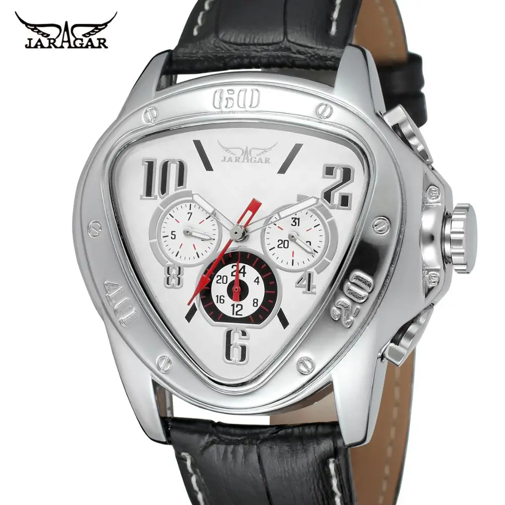 

Jaragar Creative Triangle White Men Automatic Watch 3 Dials Fashion Speed Racing Car Sport Watches Mechanical Wristwatch Relojes