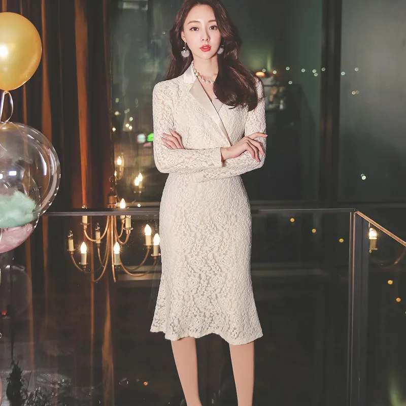 

Dress 2020 Spring WOMEN'S Dress New Style Korean-style Elegant Suit Collar Mid-length Waist Hugging Slimming Lace Fishtail Skirt
