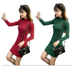 Осенне-зимний новый стиль, свитер с высоким воротником, пуловер, толстое платье средней длины в Корейском стиле, облегающее платье