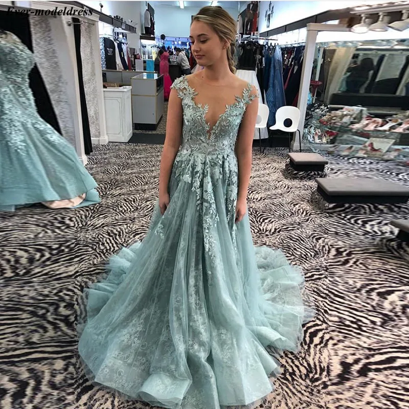 

2019 Long Prom Dresses Lace Appliques Sheer Back A-Line Sweep Train Plus Size Formal Gowns Evening Party Dress Robe De Soiree
