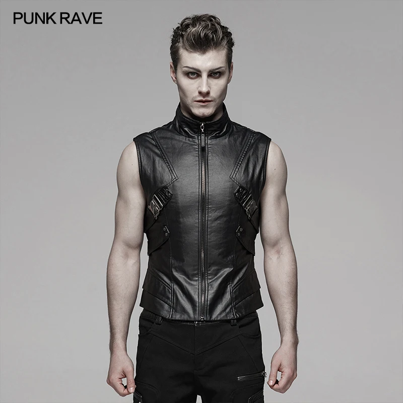 

PUNK RAVE Men's Punk Future Style Black Shuttle Fabric Vest Locomotive Stage Performance Rock Handsome Men Short Waistcoat