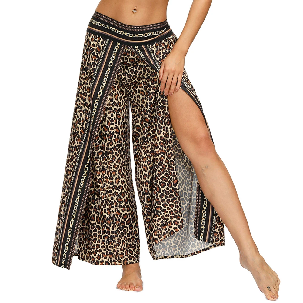 

Women's Elegant Split High Waisted Flowy Wide Leg Pants，Bohemian Loose Yoga Palazzo Aladdin Pants Casual Leopard Print Trousers