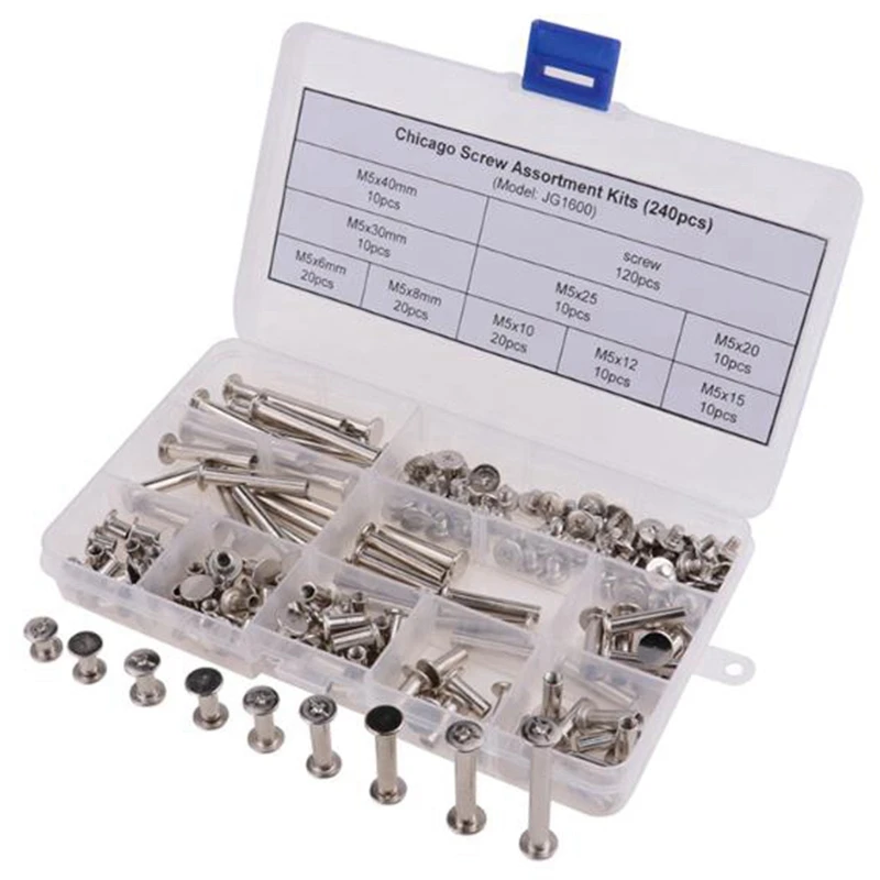 

240 Pcs Nickel Plated Chicago Screws Assortment Kits,Rivet Books Butt Screw Kits, Photo Album Binding Screw Assort Kits