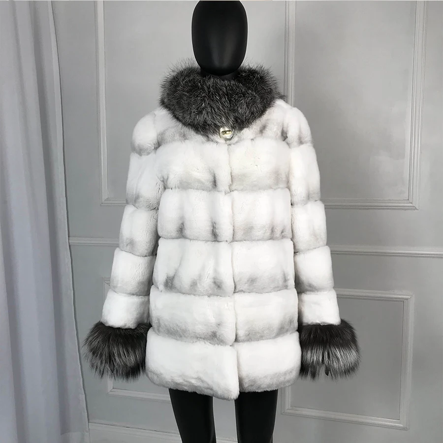 

Winter Women Natural sliver fox Fur Coat Thick Warm middle long Real Rex Rabbit Fur Coat Warm Fur Jacket with sliver fox fur col