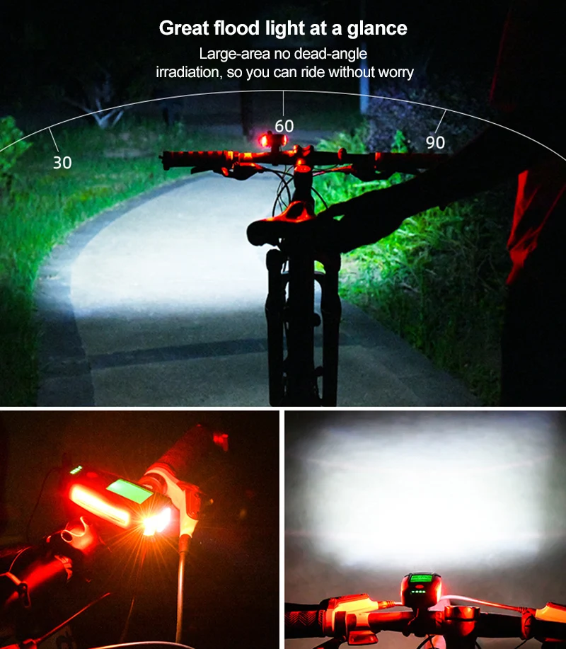 Bicycle Light Riding Flashlight Strong Light Headlight USB Charging With Horn Stopwatch Night Riding Mountain Bike Light Warnin