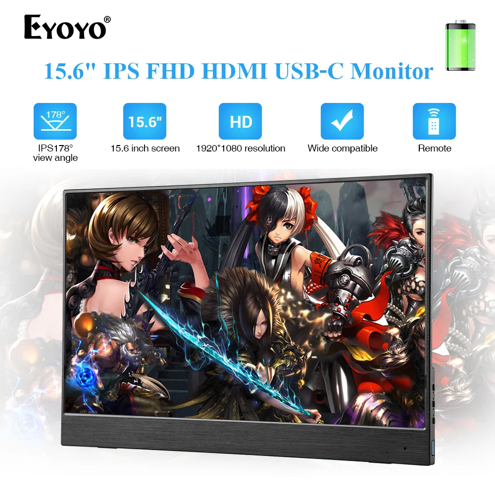 EYOYO EM15S портативный игровой монитор тонкий 15 6 &quot1080P FHD ЖК экран с HDMI USB C 5000mA 2 5 h в