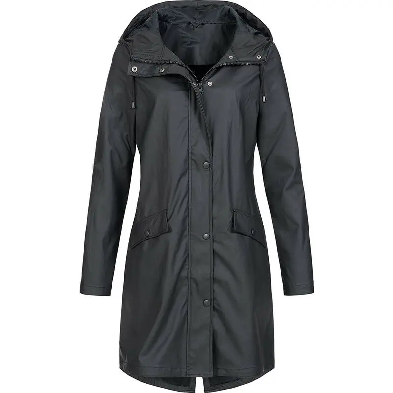 Plus Size Women Hooded Wind Jacket Outdoor Waterproof Maxi Rain Coat Windbreaker - Color: XNC093BK
