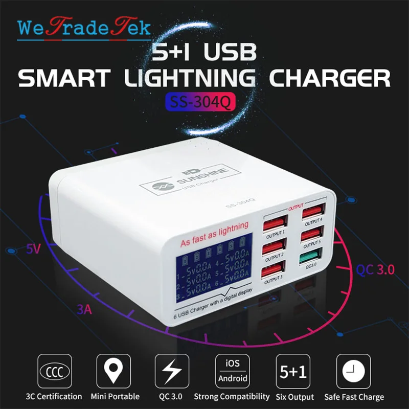 SS-304Q 6 портов USB быстрая зарядка 3,0 цифровой дисплей устройство быстрой зарядки для Iphone и Android iPad планшет быстрое зарядное устройство